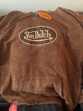 Von Dutch Distressed Brown Pullover Hoodie with Cream Logo